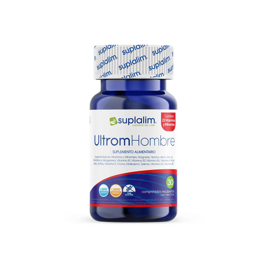 Ultrom Hombre es un multivitamínico para hombres con 23 vitaminas y minerales que fortalece el sistema inmune, energía y salud integral.